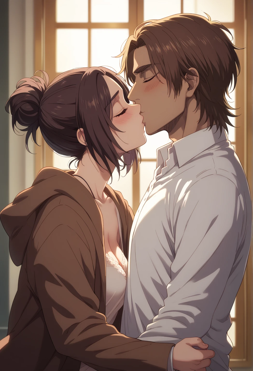 score_9, score_8_up, score_8, source_anime, shingeki_no_kyojin_s4_style, gabi braun, brown eyes, brown hair, single hair bun, , cleavage, indoor,hotel,cowboy shot, blushing, incoming kiss, closed eyes, colarbone, 1boy, 1girl, kiss, couple, hetero male, tall male, interracial, very dark skin, african male, dark skinnend male, male with afro, blaick haired male, takeda hiromitsu style