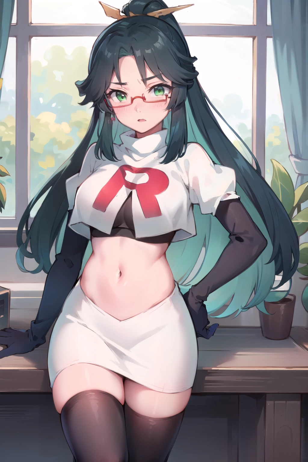  masterpiece, best quality, anime, highly detailed face, perfect lighting, long hair, ponytail, multicolored hair, black hair, bangs, glasses, semi-rimless eyewear, earrings, green hair, hair ornament, jewelry, red-framed eyewear, green eyes, team rocket,team rocket uniform,white skirt,red letter R,crop top,black thigh-highs,black elbow gloves, embarrassed, blush,