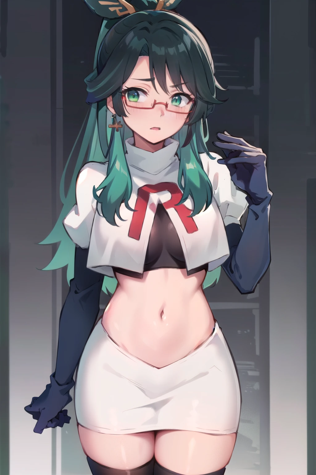  masterpiece, best quality, anime, highly detailed face, perfect lighting, long hair, ponytail, multicolored hair, black hair, bangs, glasses, semi-rimless eyewear, earrings, green hair, hair ornament, jewelry, red-framed eyewear, green eyes, team rocket,team rocket uniform,white skirt,red letter R,crop top,black thigh-highs,black elbow gloves, embarrassed, blush,