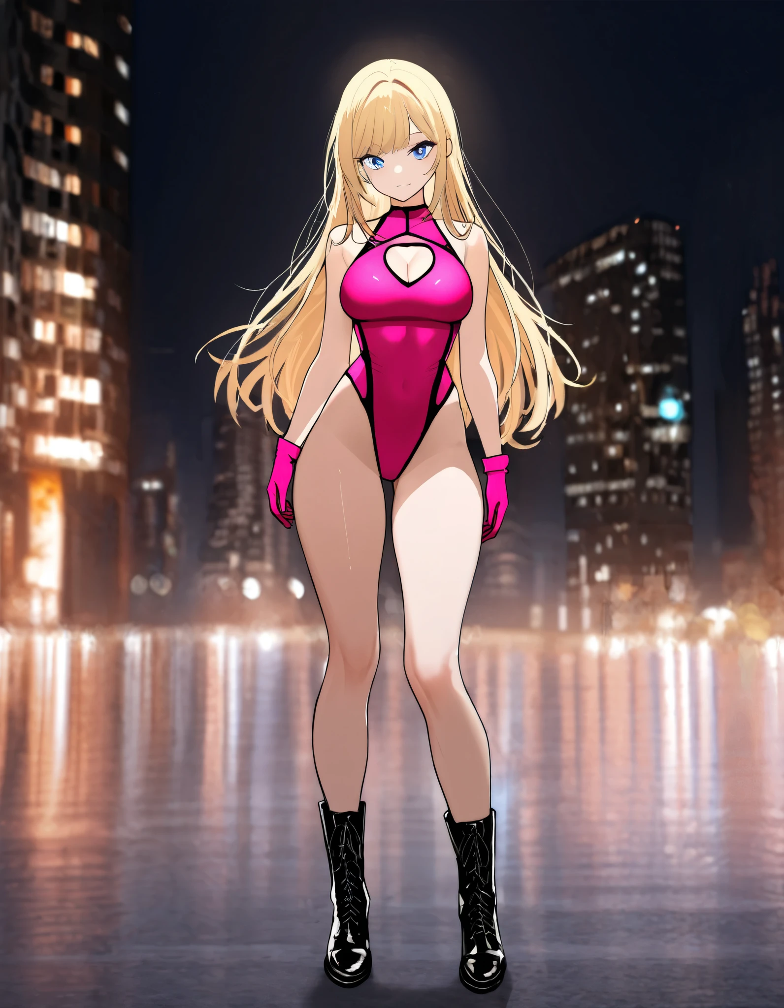 Masterpiece, best quality, high res, 8k, A stylized anime character design featuring a young, attractive female character with long, flowing, golden-blonde hair and bright blue eyes. She wears a sleek, form-fitting, pink sleeveless leotard with a heart-shaped cutout near the chest area. Her outfit includes matching pink gloves, knee-high lace-up boots, and black accents on the suit and gloves. (Bare legs:1.4). Superhero. Standing straight, Miami, city backdrop, full body shot, cowboy shot, cinematic lighting.