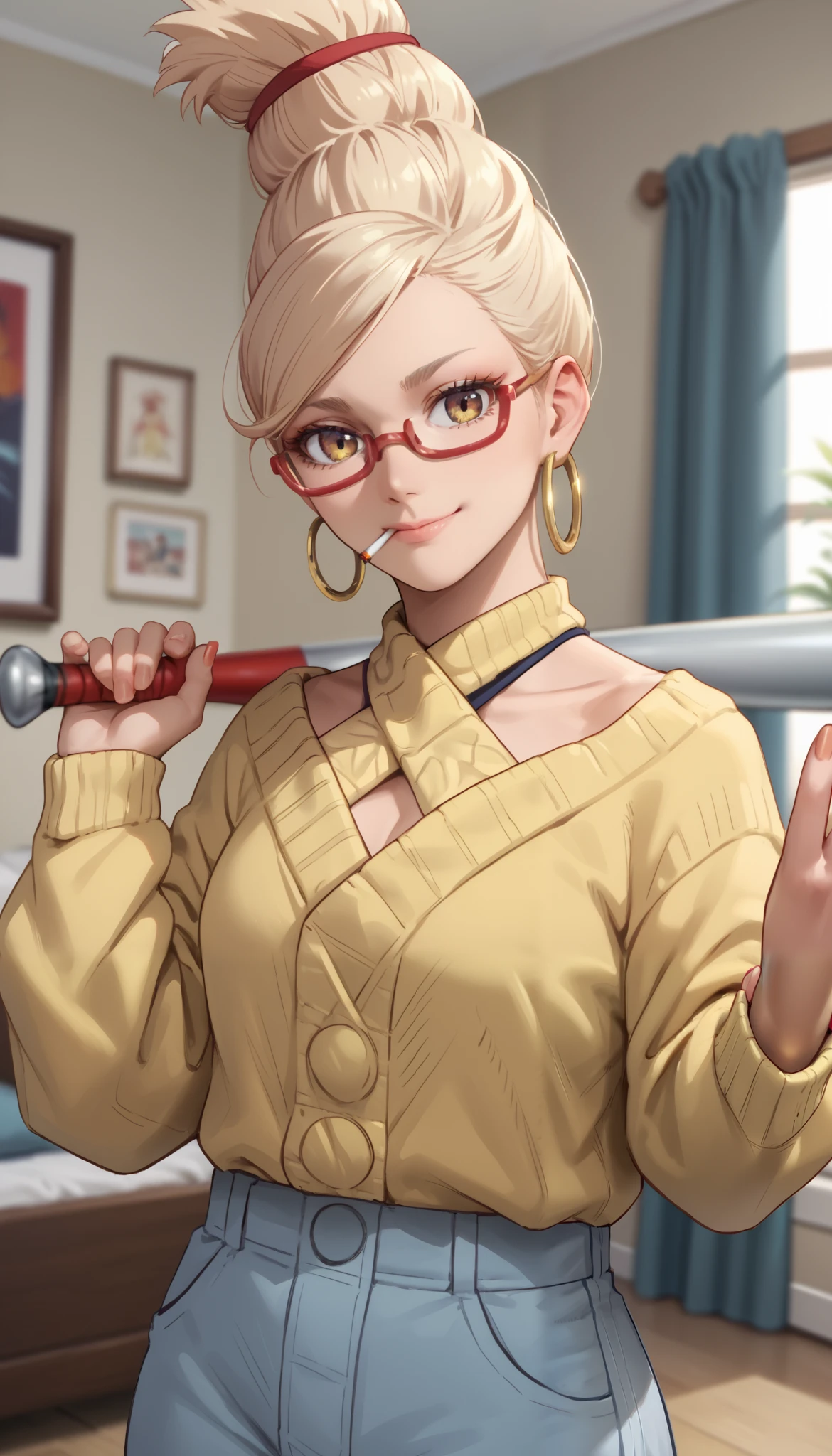 score_9, score_8_up, score_7_up, score_6_up, score_5_up, score_4_up,
1girl, portrait, cigarette, criss-cross halter, yellow sweater, bedroom, red-framed eyewear, holding baseball bat, baseball bat, hoop earrings, nail polish, smile, hair bun, 
 se1k0ae