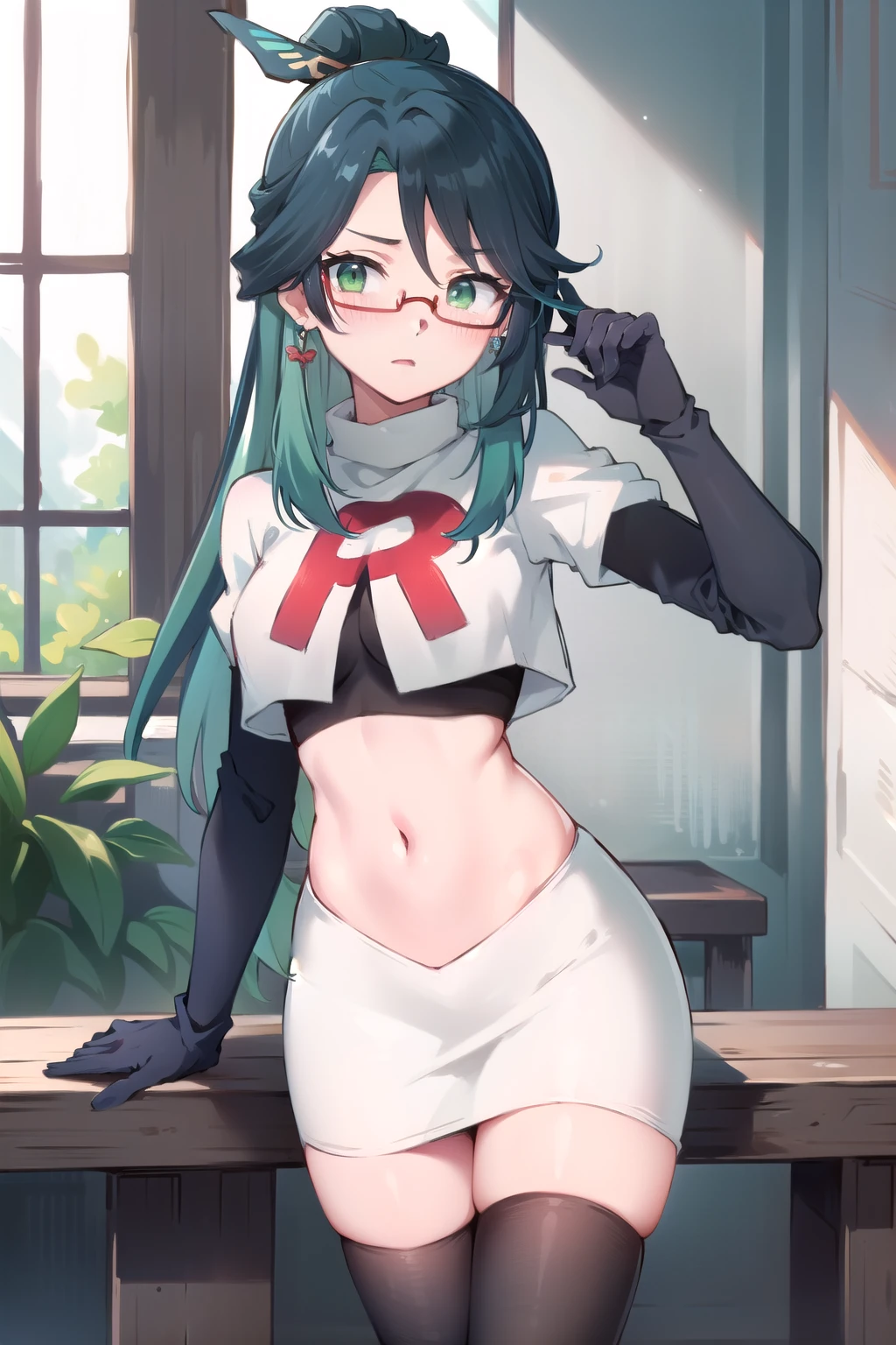  masterpiece, best quality, anime, highly detailed face, perfect lighting, long hair, ponytail, multicolored hair, black hair, bangs, glasses, semi-rimless eyewear, earrings, green hair, hair ornament, jewelry, red-framed eyewear, green eyes, team rocket,team rocket uniform,white skirt,red letter R,crop top,black thigh-highs,black elbow gloves, embarrassed, blush,