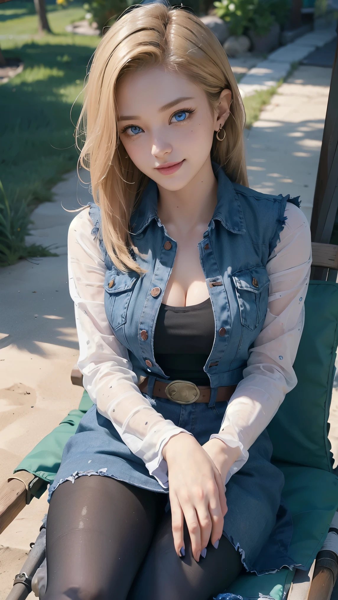 Android 18,(best qualityer,4K,8k,high resolution,work of art:1.2)(weather: cloudy), kame house background, beach shore, freckles, black top, striped sleeves, denim vest, denim skirt, pantyhose, brown boots, earrings, belt, eyeliner, short straight hair, blonde hair, ultra detailed, realistic,portraite,beautiful detailed blue eyes, glowing eyes,blush,beautiful detailed lips,extremely detailed eye and face, long eyelashes,sexly,average, large breasts,beaming smile, horny smile,powerful girl, flirty pose, stunning curves,bright coloured,dramatic lighting, lying on a hammock,