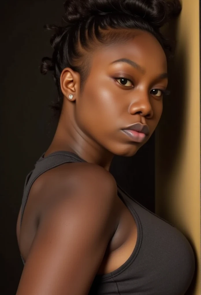 Destini, an eye contact of a Ebonywoman, (black skin:1.3), yellow spotlight, dark theme, , Lavish, Matte black eyeshadow with a cut crease, metallic glossy lipstick, golden ratio, Almond-shaped eyes, Freckles, indietronica, soft lighting, bokeh, 