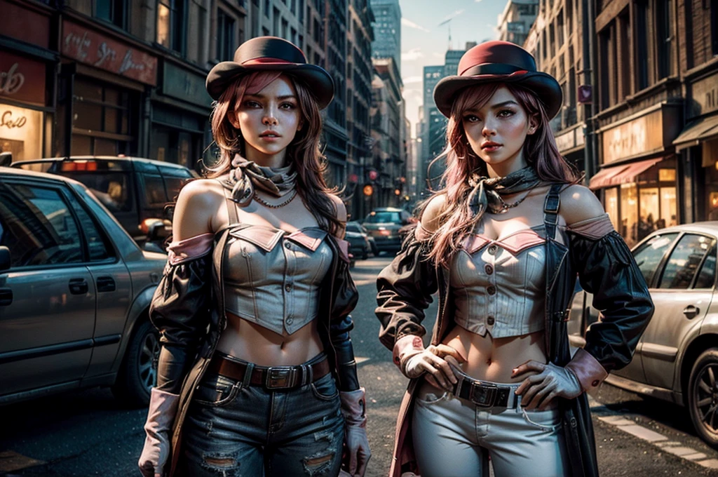 RENDERING; Octane Render ,4K, Masterpiece, highres, absurdities, natural volumetric lighting and best shadows, highly detailed face, highly detailed facial features, smiling, beautiful smile, 2 girls, long hair, breasts, blue eyes, hat, jewelry, jacket, red hair , boots, pants, necklace, nail polish, orange hair, blonde, goggles, corset, curly hair, goggles on head, striped pants, steampunk, steampunk_costume