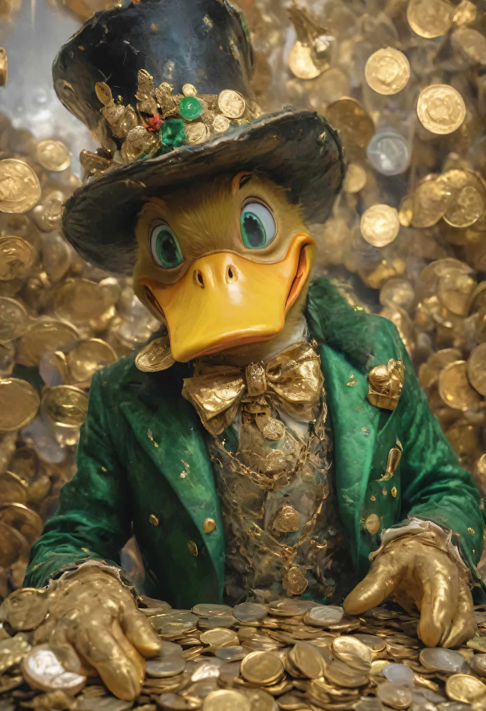 amazing quality, masterpiece, best quality, hyper detailed, ultra detailed, UHD, perfect anatomy, portrait, dof, hyper-realism, majestic, awesome, inspiring, Dagobert Duck badly costumed AS Freak Irish leprechaun, amidst a room full of gold coins, cinematic composition, soft shadows, national geographic style