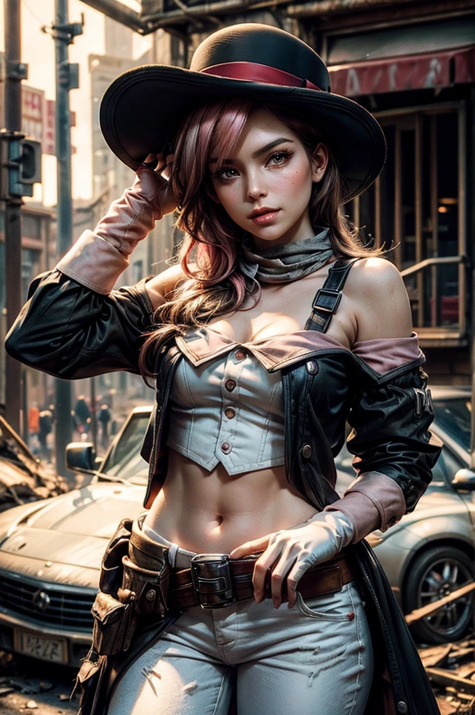 pink and brown hair, multicolored hair, neopolitanatlas, bowler hat, grey scarf, white gloves, white shirt, off-shoulder shirt, black sleeves, midriff, white belt, white pants, outdoors, post apocalyptic scene, future urban, cityscape, buildings in ruins, debris, bonfire, wrecked vehicle, standing next to black haired military officer, crowd, night, stars, cowboy shot, masterpiece, heart shaped face, elegant face, beautiful face, highly detailed cafe, face, highly detailed skin, skin pores, subsurface scattering, realistic pupils, looking at viewer, full lips, detailed background, depth of field, atmospheric perspective, volumetric lighting, sharp focus, absurdres, realistic proportions, good anatomy, (realistic, hyperrealistic:1.4), 16k hdr,