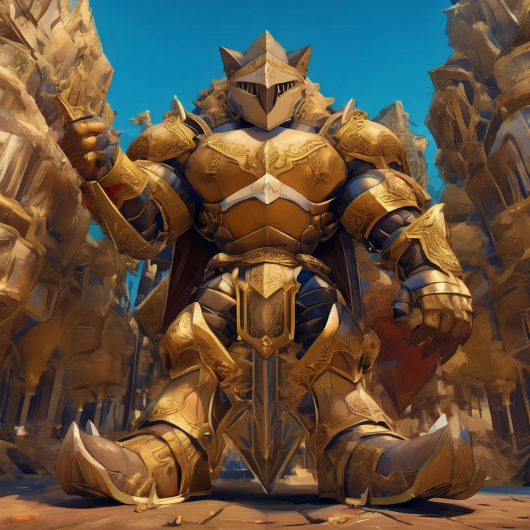 - Excalibur Sonic. Golden Armor. The whole body is golden.
- masterpiece. official art. 8k. best quality. detailed full body. full body.
- no face. wearing a full-face helmet.
- An arrogant expression. smile at the corner of your mouth.
- He with 4 arms.
- large muscles,  big muscle, huge muscles,  massive muscles, bulk up.
- focus GIANT Excalibur Sonic is trampling the city. Looking down. macro. stomp. Low-angle perspective. emphasizing the immense size. He has long legs.
- The nails are sharp. The nails are gold. There are five fingers.
- The toenails are sharp. The toenails are gold. There are five toes.

(Excalibur Sonic, golden armor, helmet, no face, holding, red cape, upturned and pointy shoes)