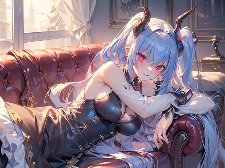 (((Best quality, 8k, Masterpiece: 1.3)), ((best quality)), ((masterpiece)), (detailed), perfect face, ((horns)), crazy eyes, devil pupils, heterochromia, crazy, yandere, (Demon girl with goat horns), ballgown, long skirt, demon world, underground, dim light, blue hair, gradient hair, crescent earrings, queen, gemstones, diamonds, sapphires, lying on a leather sofa, stockings