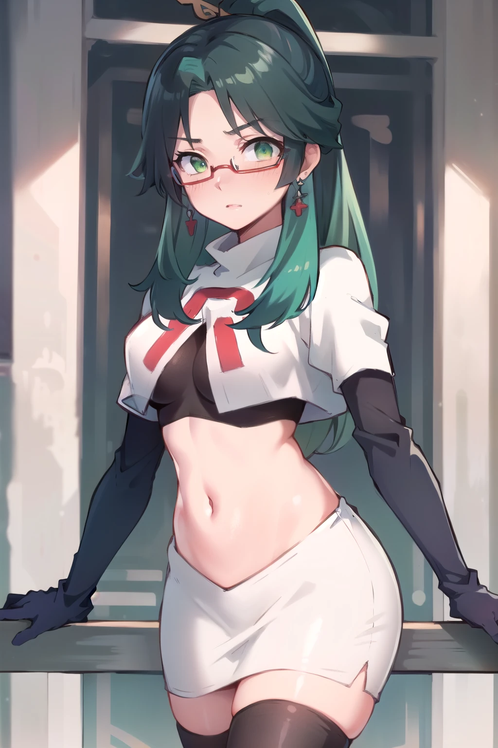  masterpiece, best quality, anime, highly detailed face, perfect lighting, long hair, ponytail, multicolored hair, black hair, bangs, glasses, semi-rimless eyewear, earrings, green hair, hair ornament, jewelry, red-framed eyewear, green eyes, team rocket,team rocket uniform,white skirt,red letter R,crop top,black thigh-highs,black elbow gloves, embarrassed, blush,