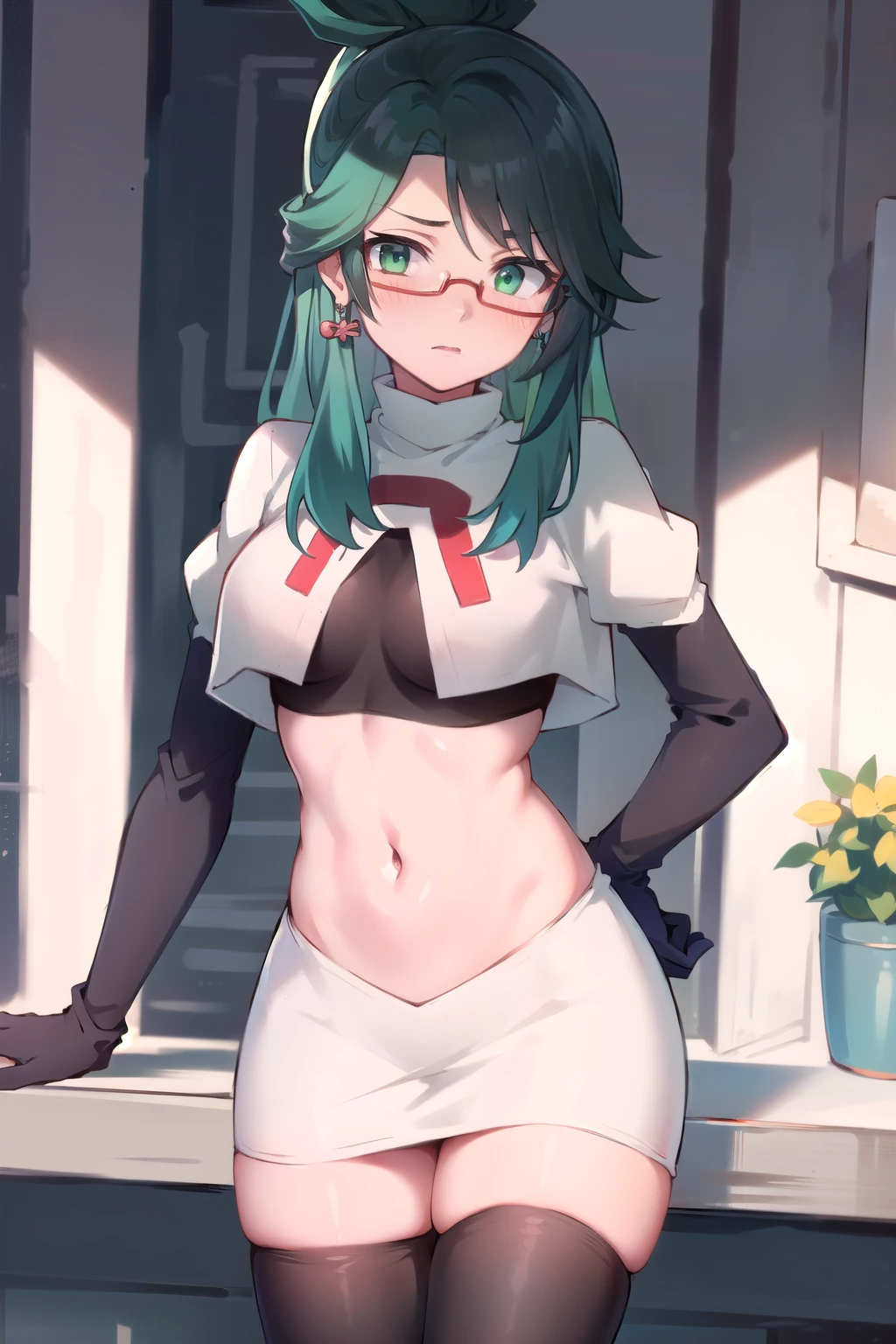  masterpiece, best quality, anime, highly detailed face, perfect lighting, long hair, ponytail, multicolored hair, black hair, bangs, glasses, semi-rimless eyewear, earrings, green hair, hair ornament, jewelry, red-framed eyewear, green eyes, team rocket,team rocket uniform,white skirt,red letter R,crop top,black thigh-highs,black elbow gloves, embarrassed, blush,