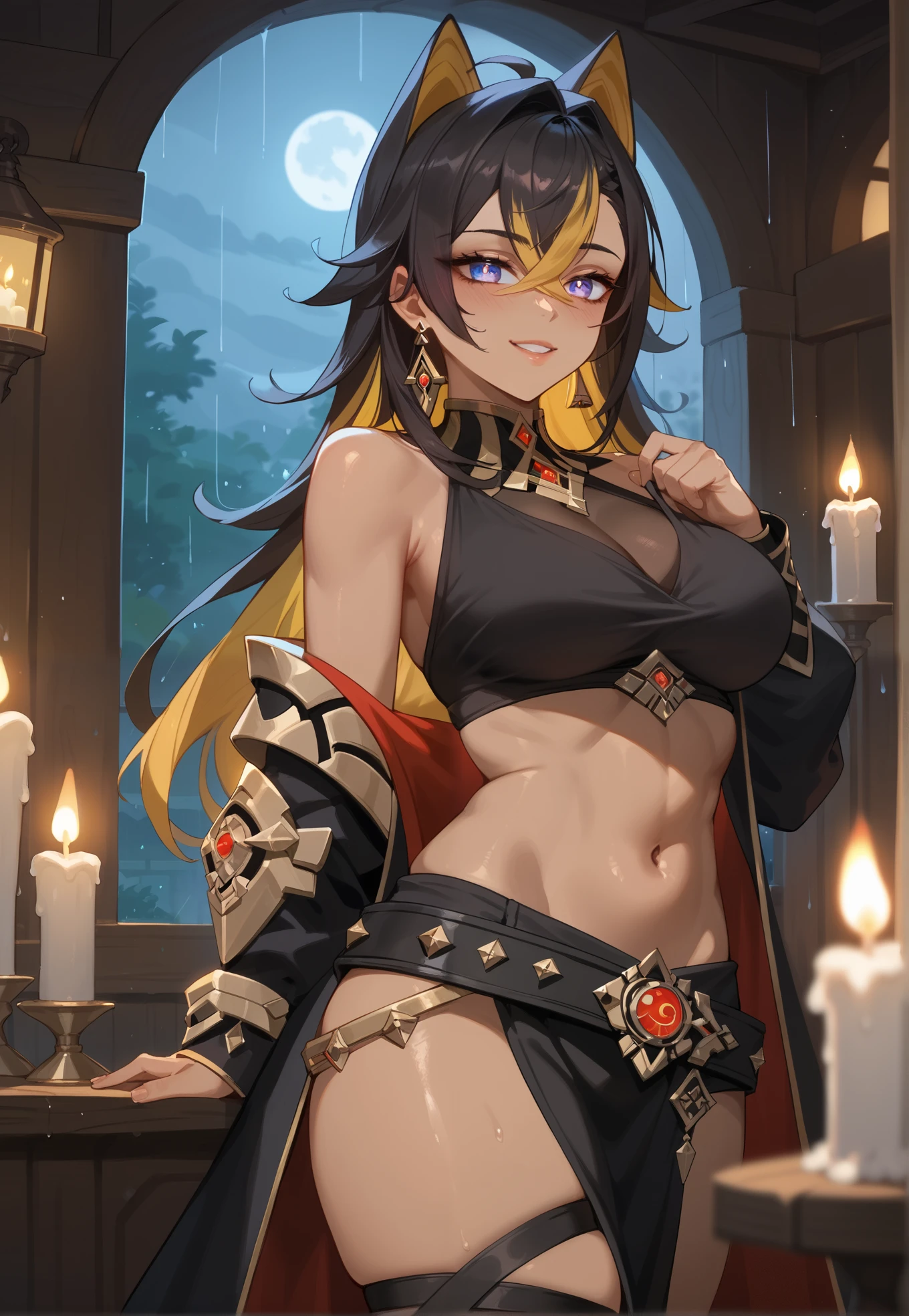 Desert_Sorceress_outfit, 1girl, solo, thighhighs, breasts, gloves, elbow_gloves, large_breasts, cleavage, navel, underwear, hood, shaded_face, fireball, magic, smirk, dominant female, femdom, dommy-mommy, legend of queen opala, 1girl, osira (character), black hair, dark skin, yellow eyes, blunt bangs, big breasts,