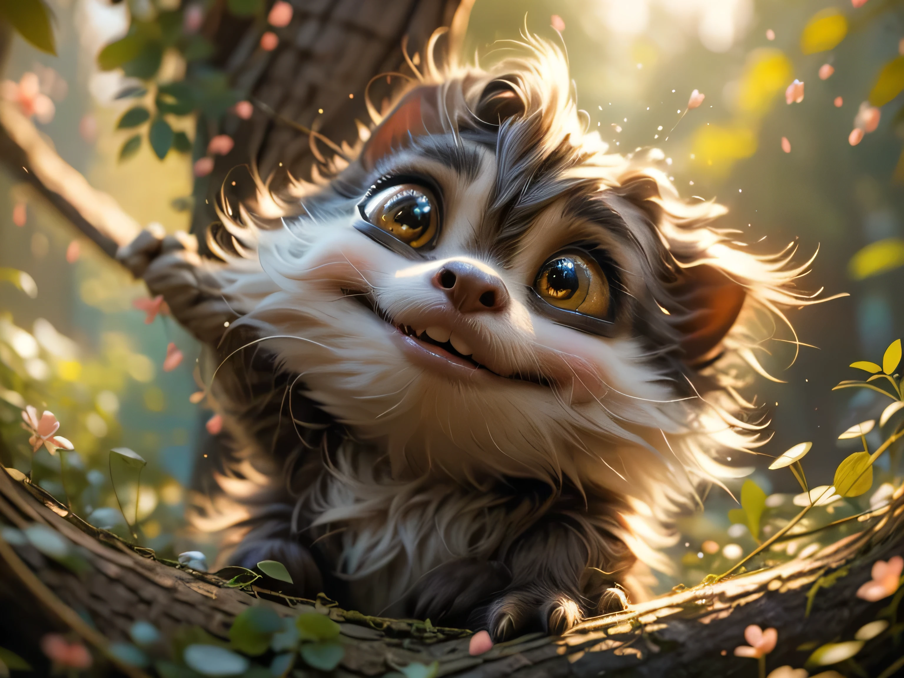 Magical Fantasy Creature, (Best Quality, Masterpiece, Representative Work, Official Art, Professional, Super Detailed, 8k:1.3), (Photorealism:1.2) Super Cute, Big Eyes, Soft, Soft Nose, Fluffy, Two-Toothed Smile, Sloth in Natural Background, Realistic, Beautiful, Stars in Eyes, Soft Volumetric Light, (Backlight:1.3), (Cinematic:1.2), Intricate Details, (ArtStation:1.3), --auto --s2