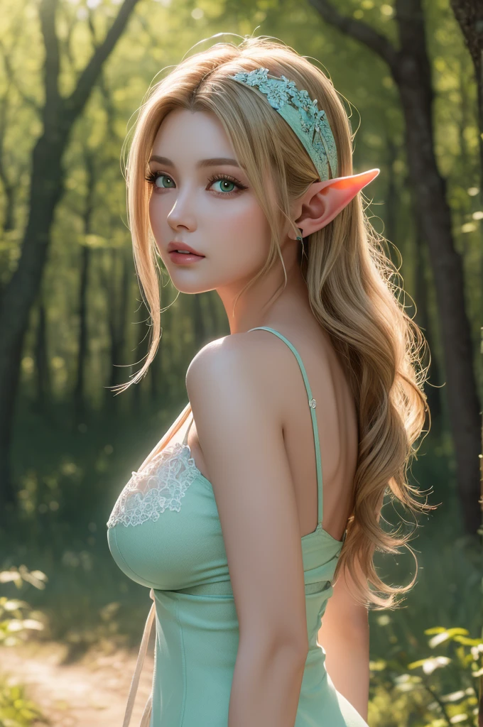 Masterpiece,best quality,ultra detailed,fantasy,elf,blond hair,blue eyes,natural lighting,1girl,nsfw, nude,gravure pose,in a forest