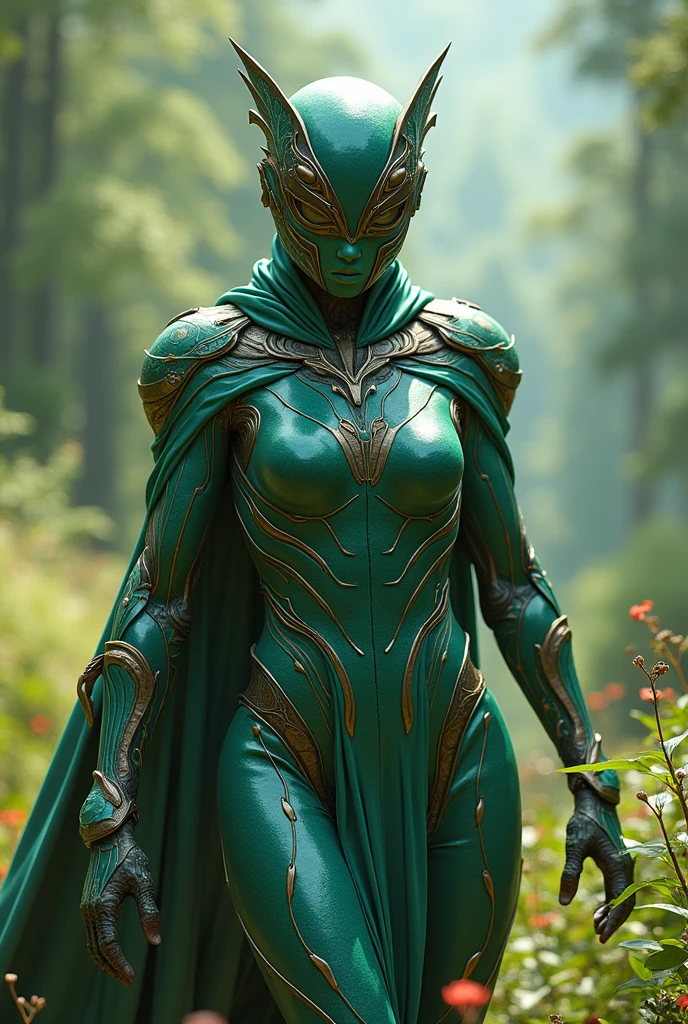 Make an alien woman with white clothes that cover her entire body, and wears an old white-green superhero suit and a red badge