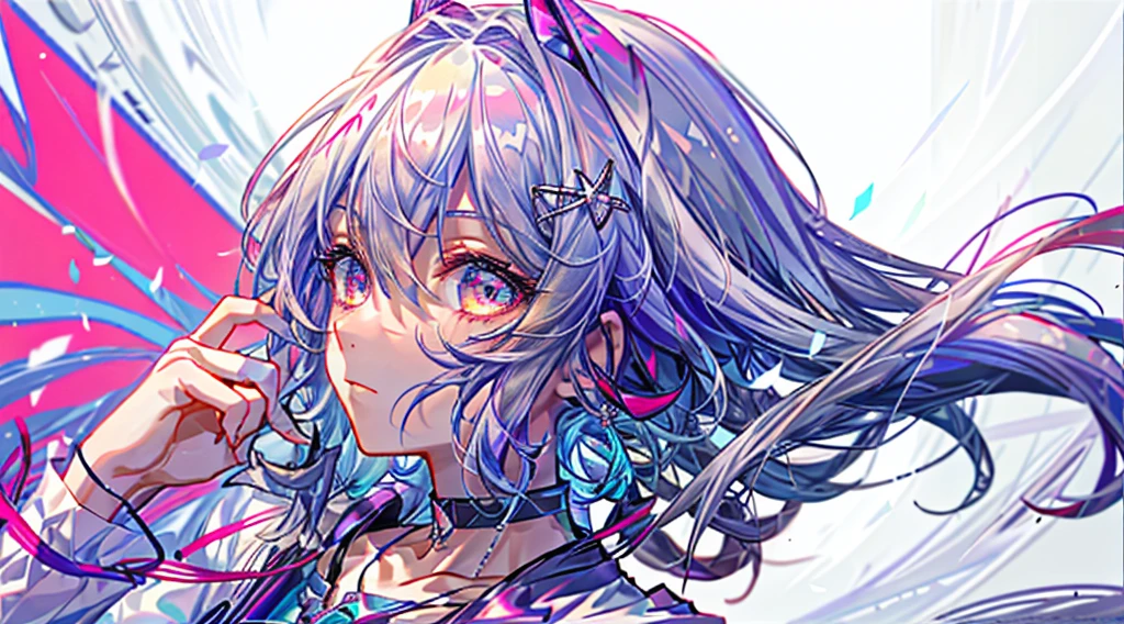 8k wallpaper,masterpiece, Film Lighting , Top Quality,Awareness-raising, detailed body details ,((color:1.1)),((colored inner hair:1.4)),
1 girl , solo, Long white hair, Sakura NS, Pink Eye, cross necklace , Open your lips, white choker, Liquid Hair, Pink grey hair, With bangs, With bangs, Side view , Contour, upper body, blue hair , simple background, pink background, Lick , sport rate, mitts multicolor , Face with White Dresses , hair between eyes, colorful hair, White background , 耳 Ring,gem