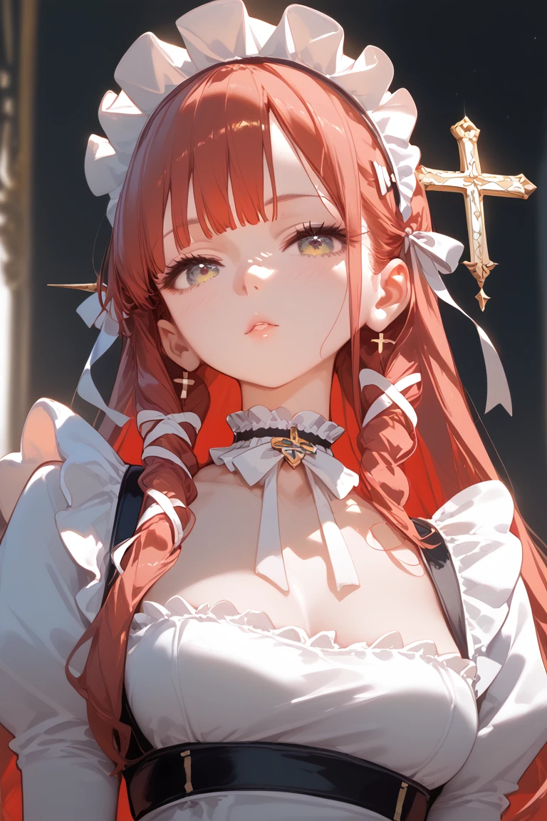 
1girl, long red hair, stiled hair with ribbons braided into it, white ribbons, bangs, white frilly choker, white maid dress, black and white headdress, headdress with decorative cross pin, beautiful face, melancholic eyes, closed mouth, parted lips, light blush
Anime, Anime Style, High Resolution, Masterpiece, Best Quality, High Details, HD, High Quality