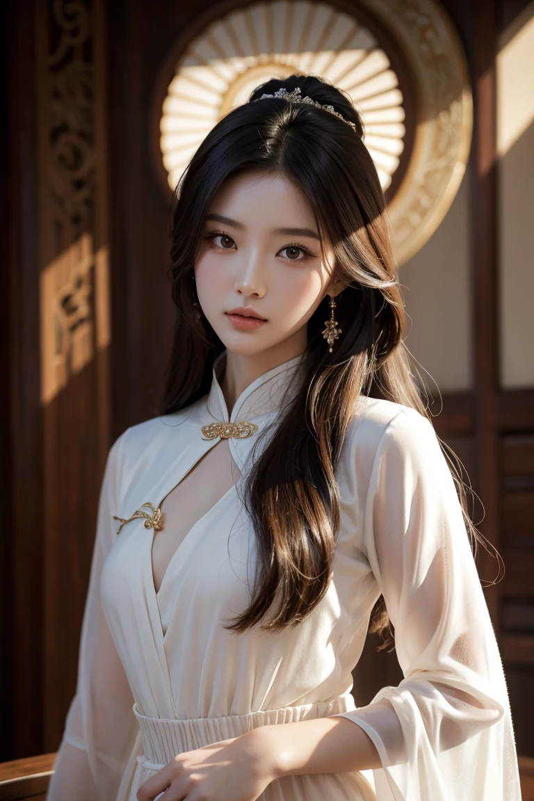 （lifelike,high resolution：1.3）， A slim girl， The face shape and eyes are super delicate,black hair,red glossy lips,(beautiful face), (best quality), (Super detailed), (Extremely detailed CG unified 8K wallpaper),((Hanbok)),(White background),(cleavage),sexy look,big eyes,(standing),(Slim waistline),perky breasts,soft breasts,very realistic breasts,sexy pose,(big breasts),Character centered,perfect 