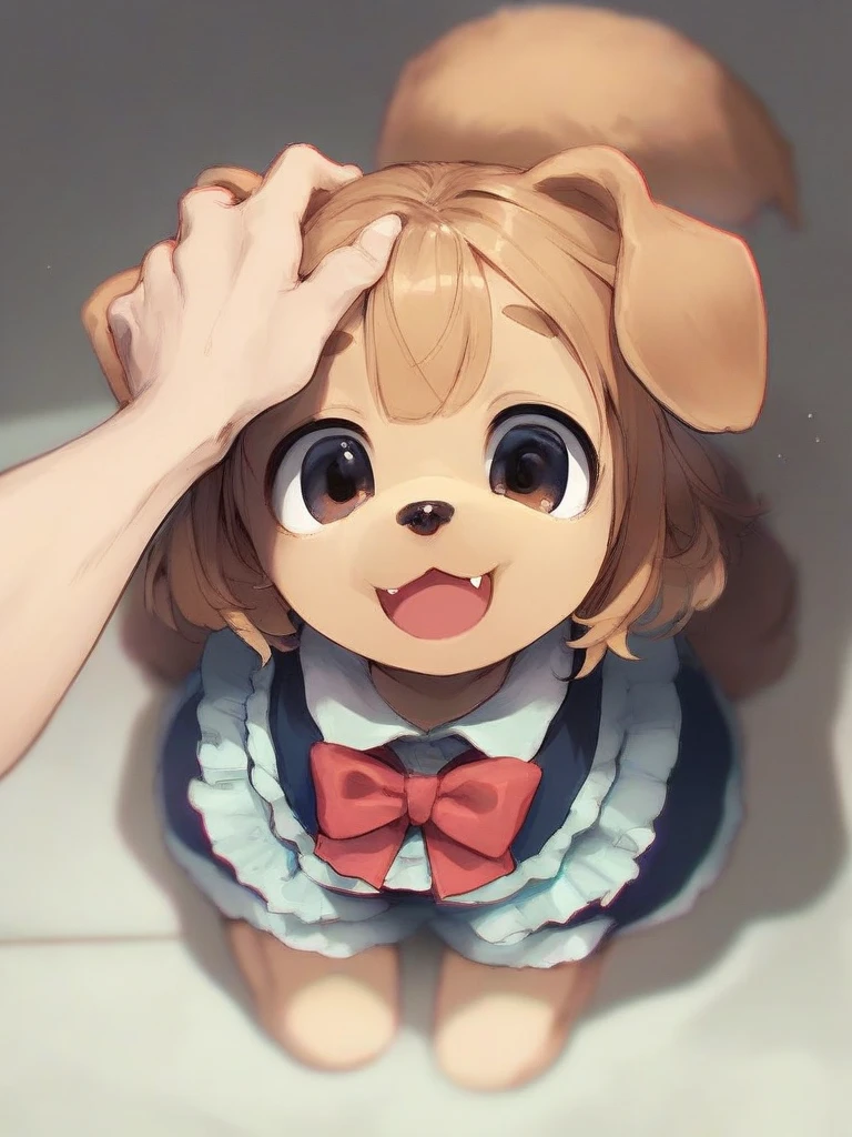 score_5_up, score_6_up,
1girl, solo, kneeling, from above, dog_ears, dog_tail, smile, open mouth, fang, frills, bowtie, pov_hand, patting head