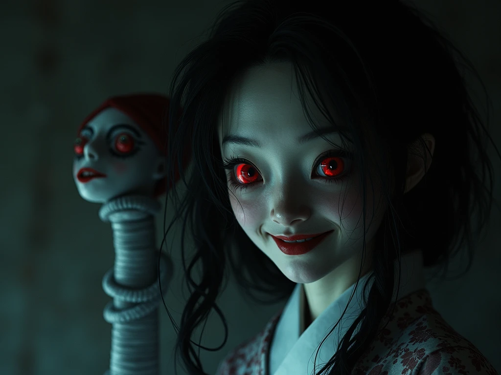 japanese girl, 20 years old, creepy, constricted pupils, small pupils, psychophony, psychotic, crazy smile, glowing eyes, fangs, tongue sticking out, constricted pupils, fire, messy hair, eerie background atmosphere