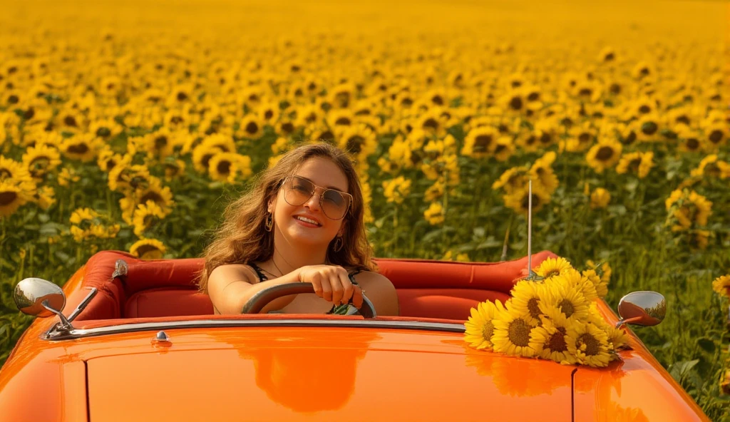 ((masterpiece)) ((photography)) ((Highest quality))  An ultra-realistic illustration in natural light, depicting a young woman behind the wheel of a vintage orange convertible car, parked in the middle of a vast sunflower field. The driver, smiling, has slightly wind-tousled hair and wears retro sunglasses. On the car’s hood, a few sunflowers are placed, adding a romantic and natural touch. The background is filled with sunflowers stretching to the horizon, bathed in the golden light of late afternoon. The atmosphere is warm and full of freedom.