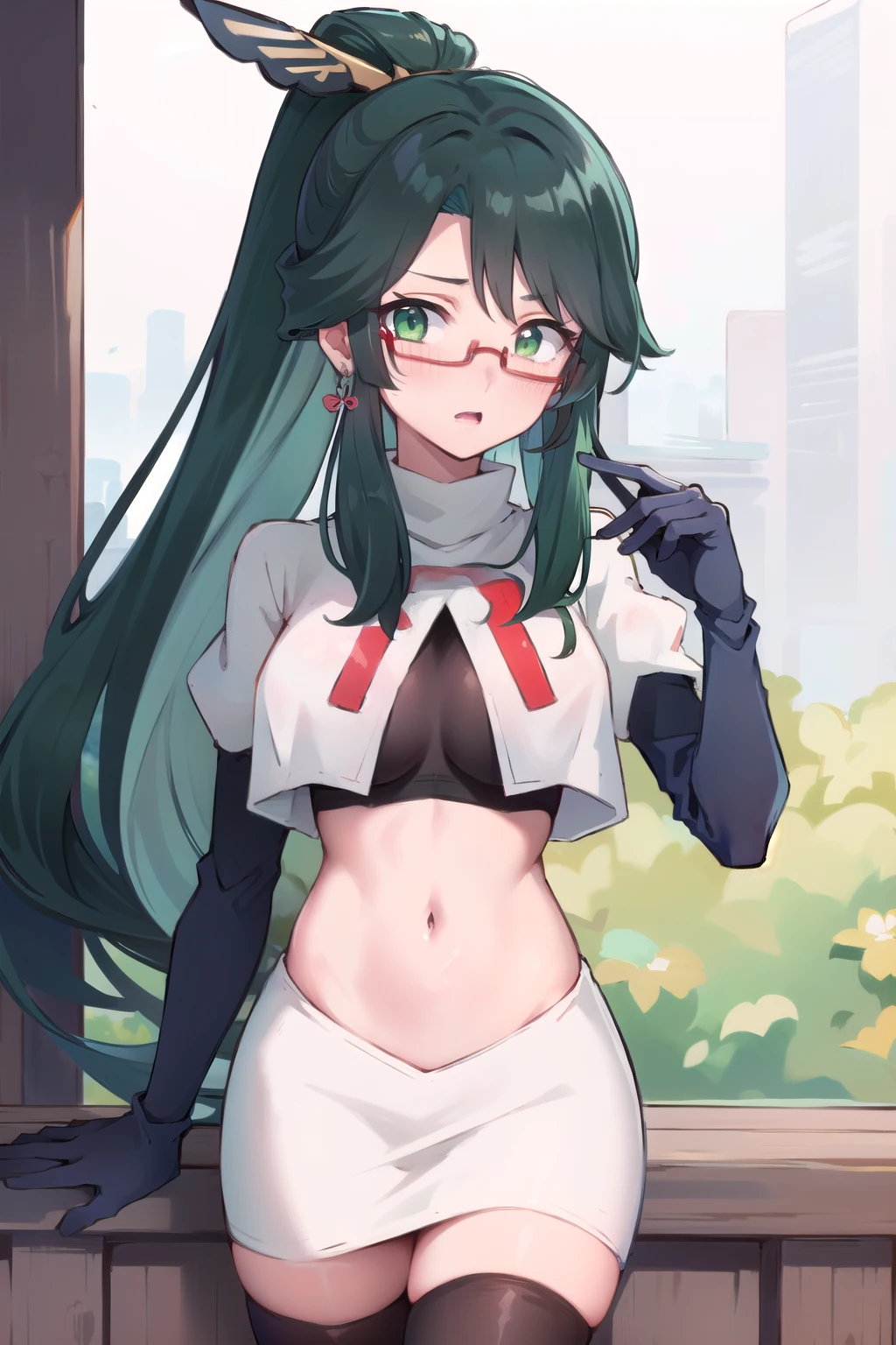  masterpiece, best quality, anime, highly detailed face, perfect lighting, long hair, ponytail, multicolored hair, black hair, bangs, glasses, semi-rimless eyewear, earrings, green hair, hair ornament, jewelry, red-framed eyewear, green eyes, team rocket,team rocket uniform,white skirt,red letter R,crop top,black thigh-highs,black elbow gloves, embarrassed, blush,