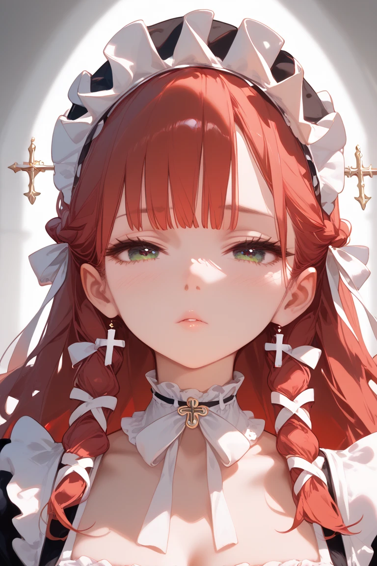 
1girl, long red hair, stiled hair with ribbons braided into it, white ribbons, bangs, white frilly choker, white maid dress, black and white headdress, headdress with decorative cross pin, beautiful face, melancholic eyes, closed mouth, parted lips, light blush, slightly sad face, pensive
Anime, Anime Style, High Resolution, Masterpiece, Best Quality, High Details, HD, High Quality