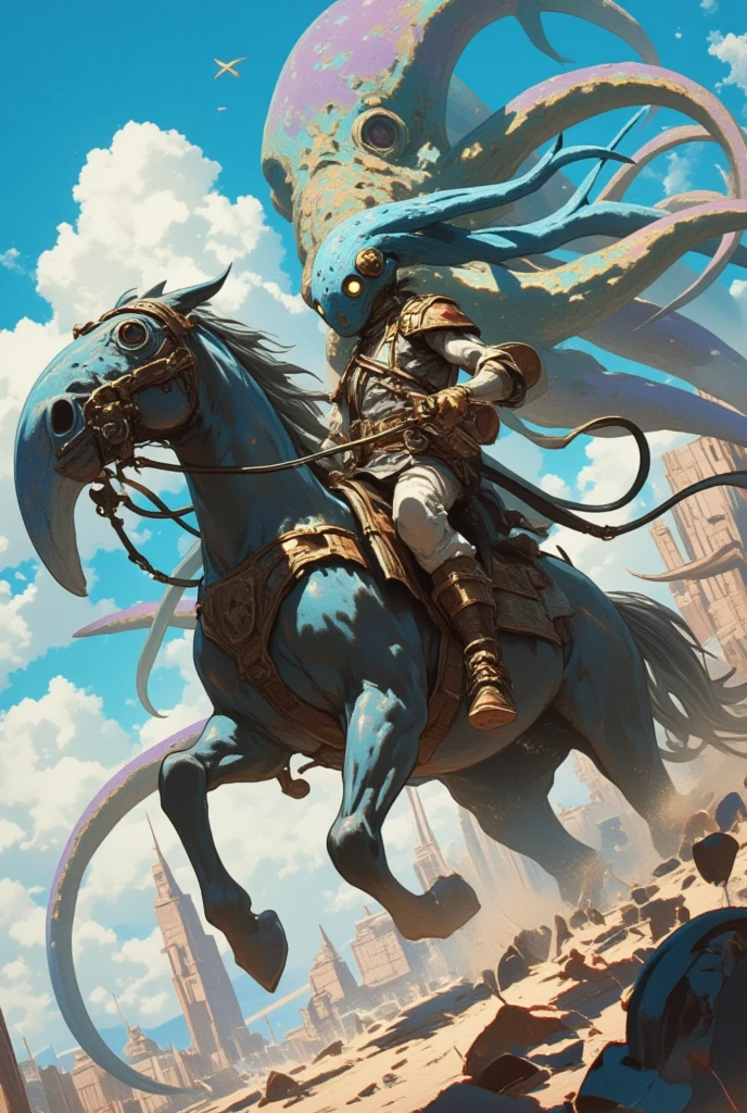  there is a man riding a horse wearing a plague mask, Squid,  3D Epic Illustrations , giant squid battling in the sky, Game key art, Steampunk riding a horse , Many tentacles, squid,  horse riding plague mask concept art ,  Detailed Game Art Illustration ,  Adventure Hyperrealistic Rendering、 Very detailed, 