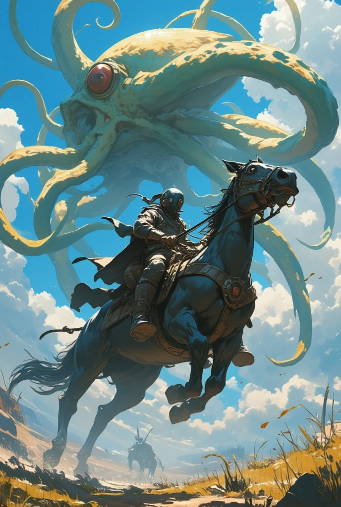  there is a man riding a horse wearing a plague mask, Squid,  3D Epic Illustrations , giant squid battling in the sky, Game key art, Steampunk riding a horse , Many tentacles, squid,  horse riding plague mask concept art ,  Detailed Game Art Illustration ,  Adventure Hyperrealistic Rendering、 Very detailed, 