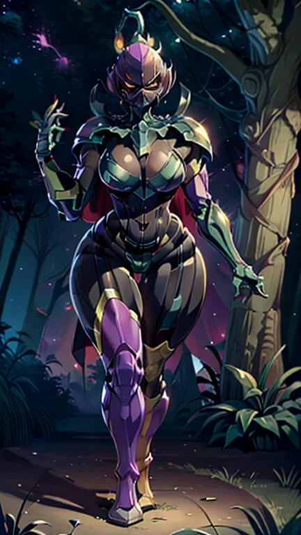 Lily, voluptuous figure,  full view , angry look, night forest background, ( Best Quality : 1.5), ( masterpiece: 1.5), (  bright colors  ), ( exaggerated proportions ), (  character in the center ), ( wallpaper 4k ), ( shiny skin), ( full body ), ( masterpiece), ( voluptuous body  )