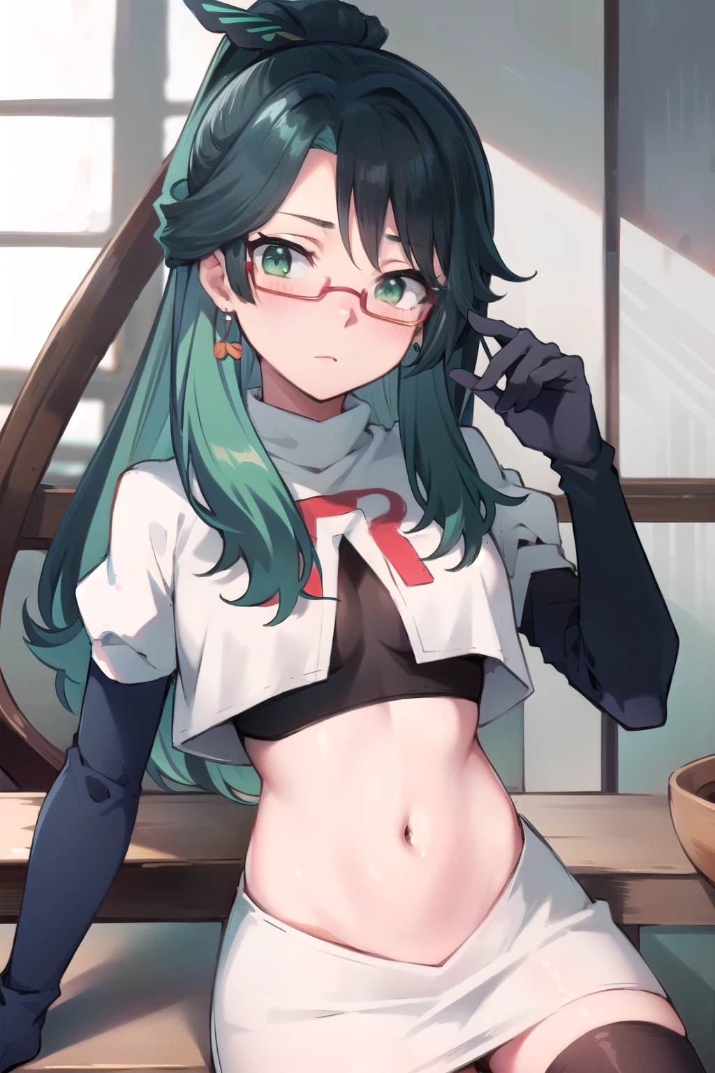  masterpiece, best quality, anime, highly detailed face, perfect lighting, long hair, ponytail, multicolored hair, black hair, bangs, glasses, semi-rimless eyewear, earrings, green hair, hair ornament, jewelry, red-framed eyewear, green eyes, team rocket,team rocket uniform,white skirt,red letter R,crop top,black thigh-highs,black elbow gloves, embarrassed, blush,