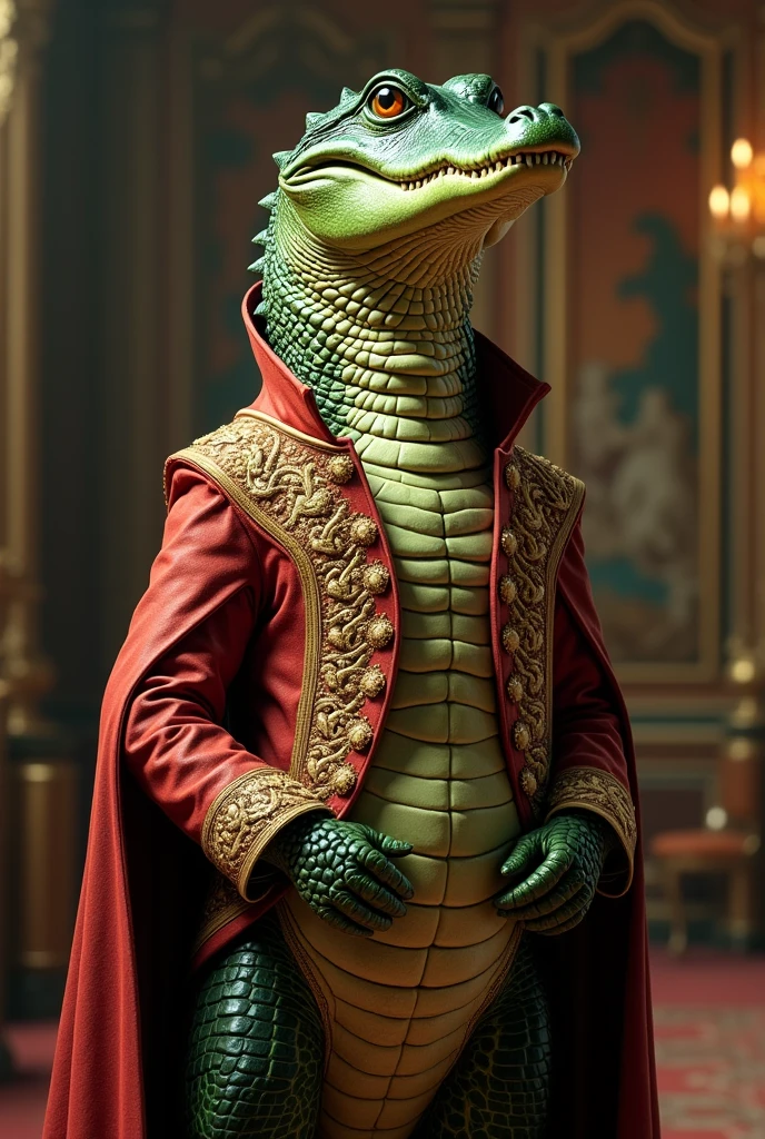 Ancient creature futuristic with skin ornaments in high relief very detailed ornamental clothes in 4d sitted on a high tech chair, machinery, gadjets, rococopunk, on a room of future baroque in front of a table