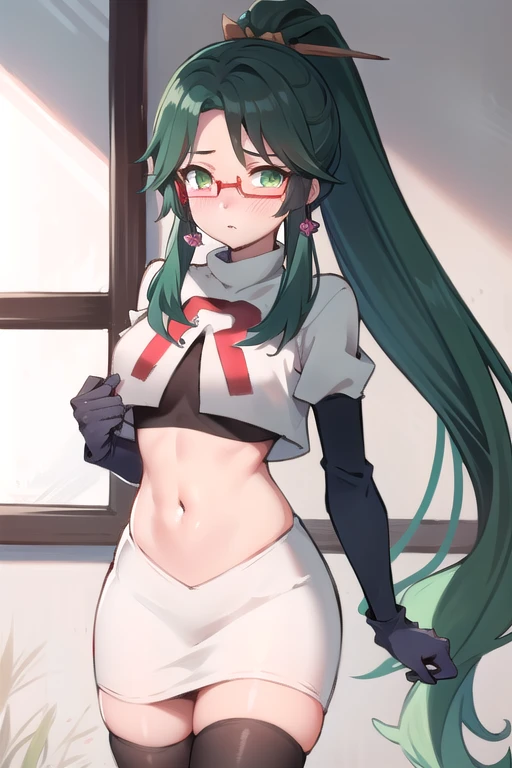  masterpiece, best quality, anime, highly detailed face, perfect lighting, long hair, ponytail, multicolored hair, black hair, bangs, glasses, semi-rimless eyewear, earrings, green hair, hair ornament, jewelry, red-framed eyewear, green eyes, team rocket,team rocket uniform,white skirt,red letter R,crop top,black thigh-highs,black elbow gloves, embarrassed, blush,