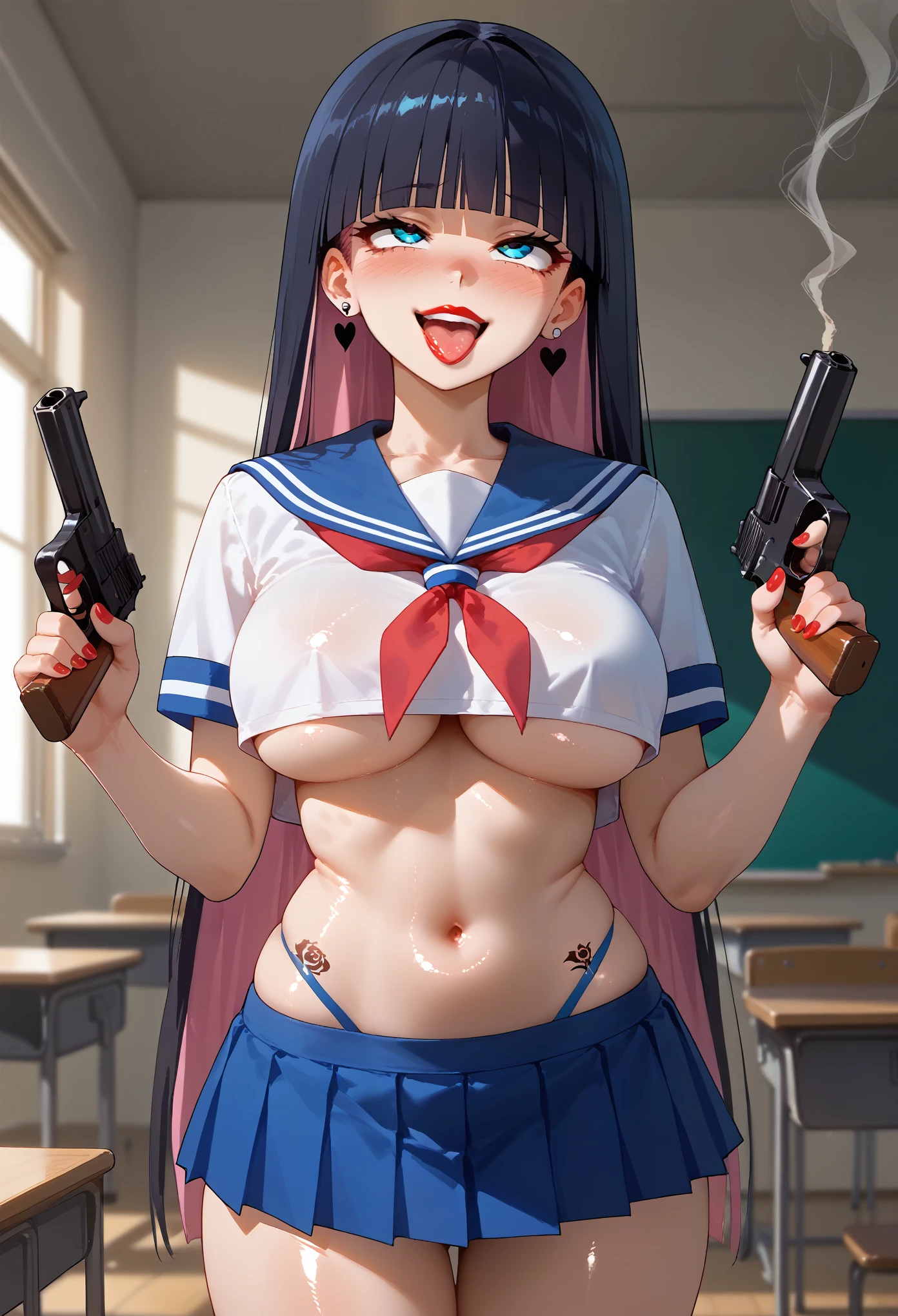 stocking \(psg\), black hair,pink hair,bangs,very long hair,blue eyes, long hair, earrings, red lips, , ear piercing, long hair, blush, lipstick,Hot girl, baddie, smoking, sensual, attractive ,masterpiece, best quality, highly detailed, a anime girls in sailor uniforms with a gun posing for a picture,
evil smile, smile, open mouth,black_serafuku,  anime style, anime girls , () ,
 style, , shipgirls, digital anime art!!, high school girls, holding a gun, hold a gun, anime style 4
k, micro skirt, exposed belly, exposed navel, exposed midriff, holding pistol,underboob,
exposed lower belly,school, classroom,, tattoo on body, tattoo midriff, rose tattoo, shiny skin,  tongue out, 