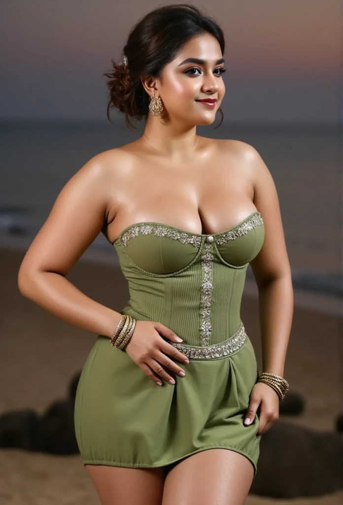 ((Indian 45 year old  milf)), standing ,curvy round cheeks, ((having big perfect round tits,big thick ass,having hour glass figure)),((facing camera)), ((Wearing strapless green corset with tight short pleated skirt exposing cleavage )),((perfect round big boobs)),((black messy bun hair)),((wearing earrings and chain, bangles)),((4k quality,realistic masterpiece enhanced alluring high quality)),(voluptuous curvy body)), ((perfect hands)), ((perfect legs)), ((perfect fingers)), ((smooth skin)),((in a beach at dusk time professional dslr photoshoot)),looking at camera,sensual expression