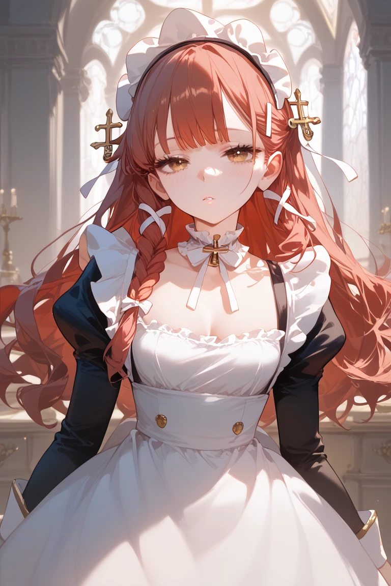 
1girl, long red hair, stiled hair with ribbons braided into it, white ribbons, bangs, white frilly choker, white maid dress, black and white headdress, headdress with decorative cross pin, sword pin, beautiful face, melancholic eyes, closed mouth, parted lips, light blush, melancholic, sleepy eyes, porcelain skin, golden brown eyes
Anime, Anime Style, High Resolution, Masterpiece, Best Quality, High Details, HD, High Quality