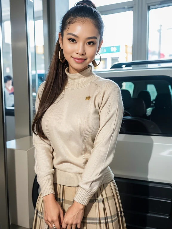 ((Thai Women)),(beige tunic sweater:1.3),(highest quality, 8K, masterpiece:1.3),(long shot:1.5),(super highponytail,forehead),((Tight plaid skirt:1.2)),(big breasts)、thin waist、escalator,watch,(mole under eye)、(biologically correct hand)、smile cutely、Ring earrings、