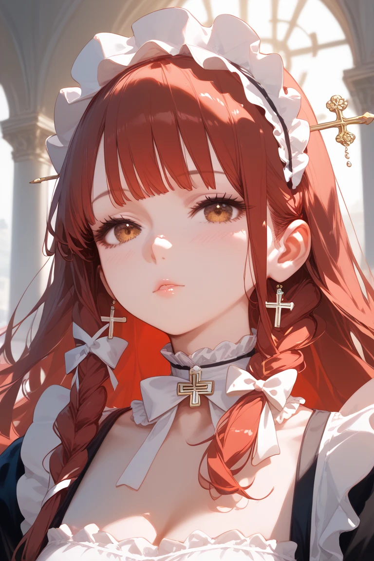 
1girl, long red hair, stiled hair with ribbons braided into it, white ribbons, bangs, white frilly choker, white maid dress, black and white headdress, headdress with decorative cross pin, sword pin, beautiful face, melancholic eyes, closed mouth, parted lips, light blush, melancholic, porcelain skin, golden brown eyes
Anime, Anime Style, High Resolution, Masterpiece, Best Quality, High Details, HD, High Quality