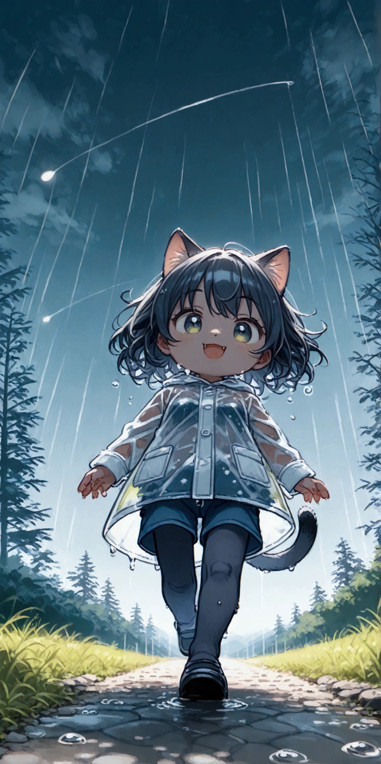 heavy storm,wind,(heavy rain:1.3), (big raindrops:1.4), (rainy sky),(many Circular ripples:1.3) of rain. 1girl/((catgirl:1.3),(furry:1.2),kemono,(chibi:1.2),cat ear,cat eye,cute, kawaii,hair floating, hair shining brightly, curly hair, short hair, messy hair, eye color cosmic, big eyes, (dynamic angle:1.4),(from below:1.4), long shot,short pants,(Walking:1.5) dynamically, (steps:1.3), skipping, (walk heavy steps:1.4),(big smile:1.3),open mouth,fangs,wet hair, wet, cute raincoat,happy,dynamic,in distance,full body,floating\). BREAK .background\(heavy rain, dark sky, beautiful waterdrops, long shot\),(from below:1.7),(ground level shot:1.7),(from directly below:1.7). score_9, score_8_up, score_7_up, score_6_up, score_5_up, score_4_up, source_anime,source_furry,rating_safe,rating_questionable,masterpiece, best quality, perfect anatomy , very aesthetic , absurdres,,realistic rain, high speed shutter, (fisheye lens), (focus on waterdrops), (landscape of sky:1.5), (dynamic angle:1.3),(long shot),(wide shot)