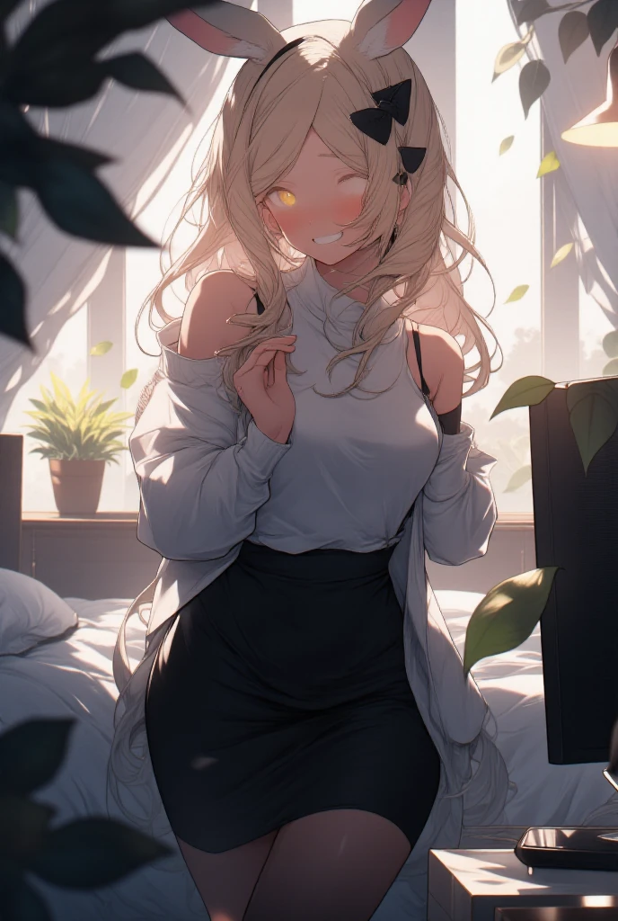 1girl, (furry face), rabbit, rabbit girl, rabbit ears, breasts, blonde hair, hair bun, large breasts, bare shoulders, yellow eyes, single hair bun, blush, sleeveless sweater, grin, parted lips, braided bun, pantyhose, skirt, sleeveless, turtleneck, sweater, sleeveless turtleneck, miniskirt, turtleneck sweater, high-waist skirt, sleeveless shirt, ribbed sweater, looking at viewer, arm behind back, contrapposto, standing, monitor, plant, solo, bare arms, blurry, lamp, cowboy shot, blurry background, indoors, smile, black skirt, pencil skirt, black pantyhose, hand up, black sweater, curtains, bed, television, brown pantyhose, pillow, ribbed shirt