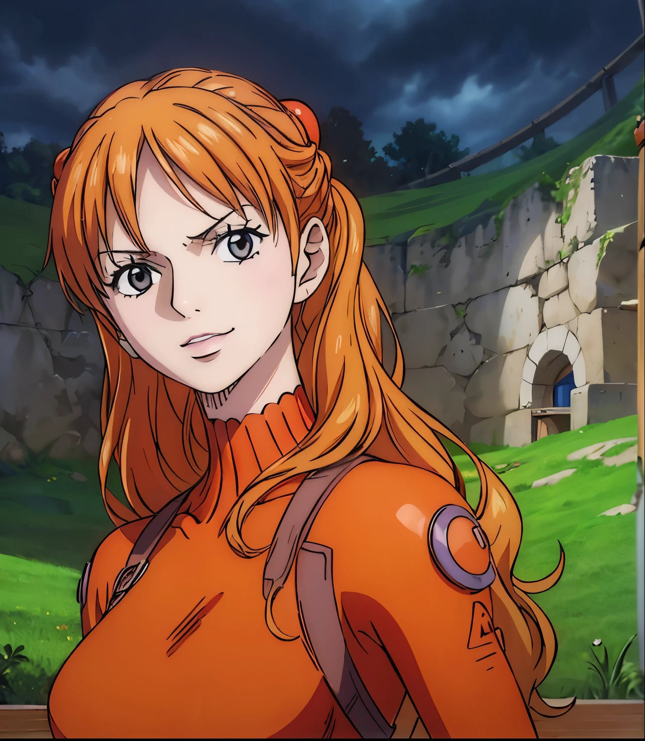 (masterpiece, best quality, 4K, 8k,   high definition  , masterpiece:1.2),  super detailed, (Realistic, photoRealistic, photo-Realistic:1.37),   Pale Orange Hair  ,  dress, pale orange hair hidden in thick grass , twin tails,Braiding, beautiful brown eyes , beautiful lips,Beautiful lipstick,smile, looking at the camera,  Big Breasts ,(Red suit),Night Sky,( Fantasy worldview ),Perfect body,Perfect means,Perfect body