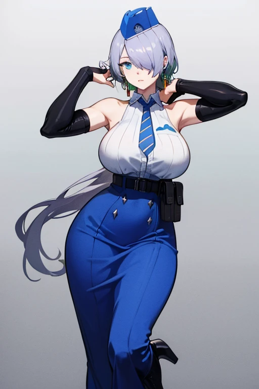 nikkebrid, large breasts, low ponytail, hair over one eye, earrings , garrison cap, sleeveless shirt, long skirt, blue necktie, belt pouch, elbow gloves, high heel boots