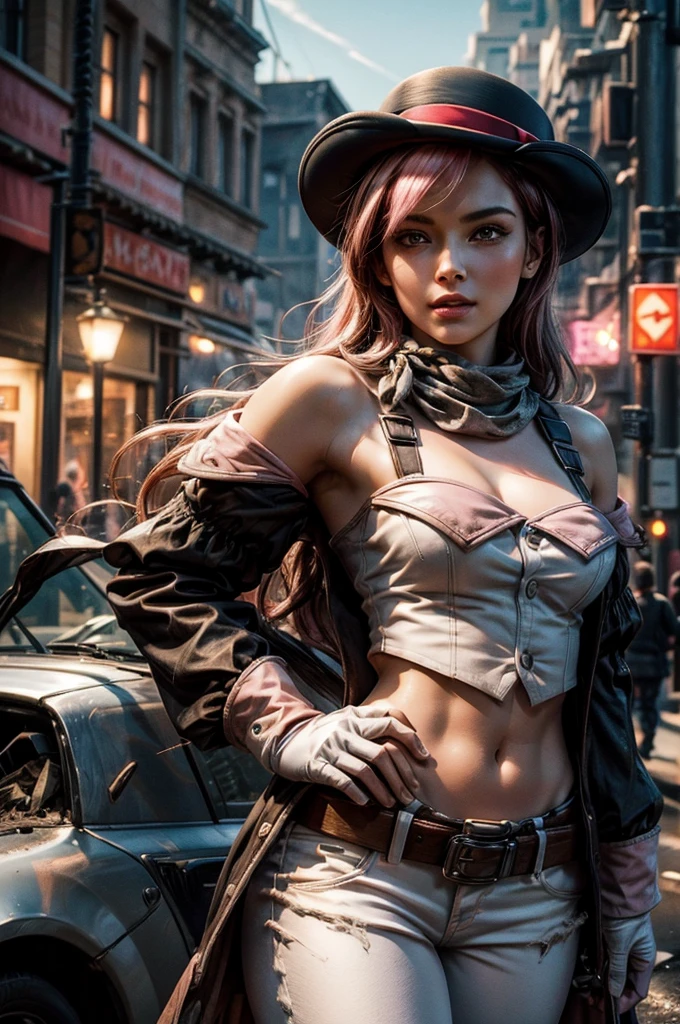 pink and brown hair, multicolored hair, neopolitanatlas, bowler hat, grey scarf, white gloves, white shirt, off-shoulder shirt, black sleeves, midriff, white belt, white pants, outdoors, post apocalyptic scene, future urban, cityscape, fountain in ruins, debris, bonfire, wrecked vehicle, standing next to black haired military officer, crowd, night, stars, cowboy shot, masterpiece, heart shaped face, elegant face, beautiful face, highly detailed cafe, face, highly detailed skin, skin pores, subsurface scattering, realistic pupils, looking at viewer, full lips, detailed background, depth of field, atmospheric perspective, volumetric lighting, sharp focus, absurdres, realistic proportions, good anatomy, (realistic, hyperrealistic:1.4), 16k hdr,