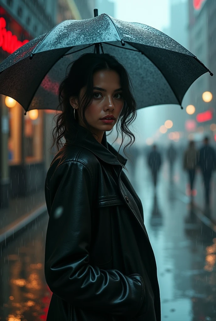 18 year old girl, huge black hair, eyes black, beautiful like Gal Gadot, sitting on the sidewalk while it rains heavily and she is soaked