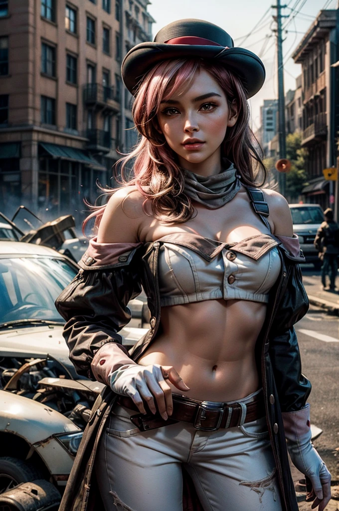 pink and brown hair, multicolored hair, neopolitanatlas, bowler hat, grey scarf, white gloves, white shirt, off-shoulder shirt, black sleeves, midriff, white belt, white pants, outdoors, post apocalyptic scene, future urban, cityscape, fountain in ruins, debris, bonfire, wrecked vehicle, standing next to black haired military officer, crowd, night, stars, cowboy shot, masterpiece, heart shaped face, elegant face, beautiful face, highly detailed cafe, face, highly detailed skin, skin pores, subsurface scattering, realistic pupils, looking at viewer, full lips, detailed background, depth of field, atmospheric perspective, volumetric lighting, sharp focus, absurdres, realistic proportions, good anatomy, (realistic, hyperrealistic:1.4), 16k hdr,