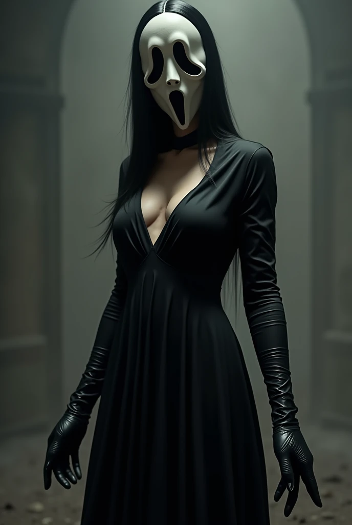 (ultra realistic,32k, masterpiece:1.2),(high detailed skin:1.1),( high quality:1.1),
1girl, <lora:ghostface:0.7>ghostface, mask, long gown dress,ruffle, cleavage, a ghostly apparition appearing in photos theme, blurry background,fighting stance pose, huge breast,large breast,<lora:add_detail:0.96>,
(bioluminiscent:1.1),