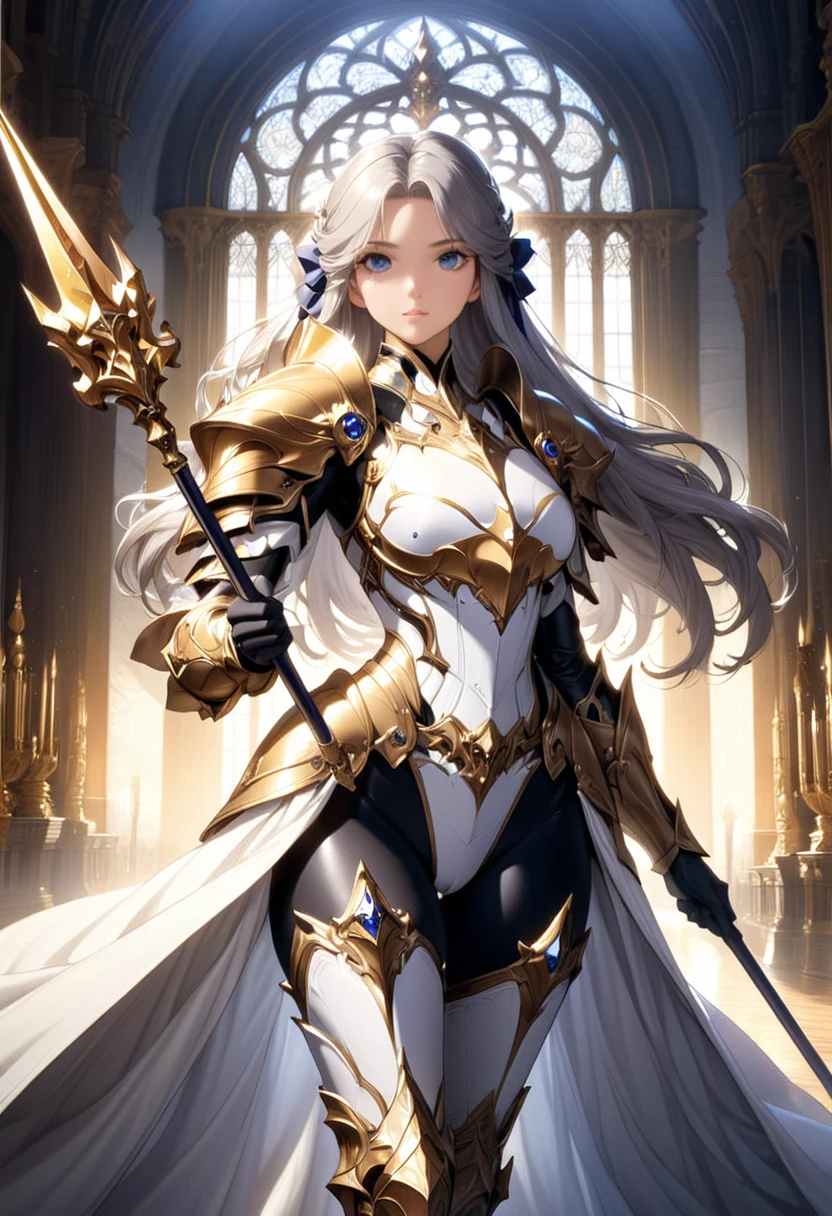 (solo),1girl,anime face,Azur Lane style,cowboy shot,A beautiful face with perfect makeup,Curvy body,stifled laugh,((Luxurious and majestic royal knight armor high leg leotard)),((matte black high leg body suit)),((large golden shoulder armor)),(breastplate:1.3),(zettai ryouiki white thigh high boots),((matte black pantyhose)),((gray hair long straight hair:1.2)),(layered long cloak),Huge voluminous saggy breasts,gauntlet, vambrace,He has a spear in his hand,Use a spear as a weapon,Cross spear, goldsmith spear, sharp point, long handle,fitted bodice,big hair ribbon,Long middle parted voluminous bangs,white dress elbow gloves,cleavage,beautiful blue eyes,perfectly accurate hand,perfect fingers,long glove,greeting,The Royal Palace's Great Hall,beautiful lighting,masterpiece,highest quality,8k,Ultra-detailed anime style,(cameltoe: 0.8),