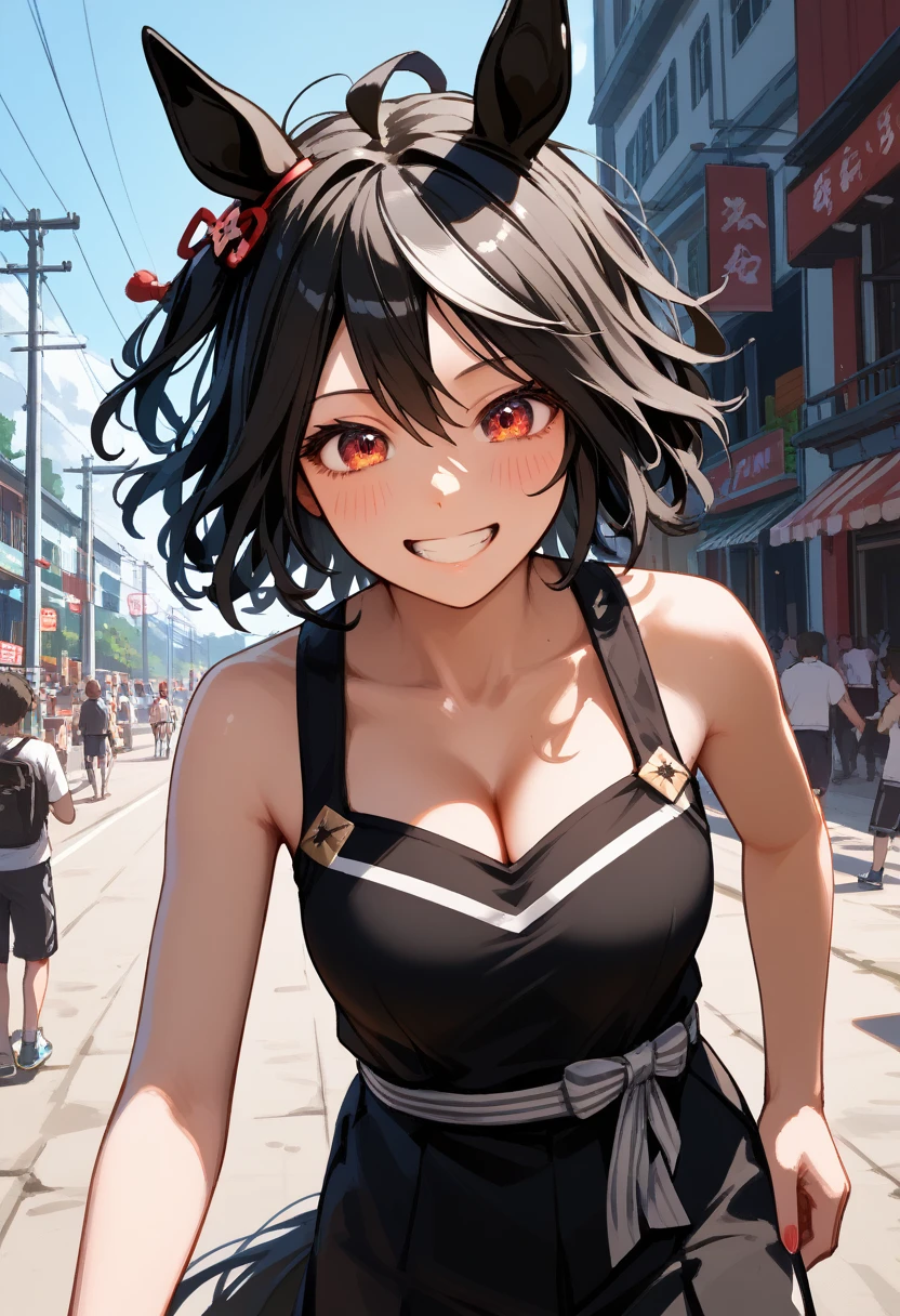 masterpiece, best quality, hyper detailed, insanely detailed, FHD, 8k, absurdres,break kitasan black,Uma Musume,Red eyes, horse ears, horse girl, horse tail, black hair, short hair, messy hair, wavy hair, smile, cleavage、break ( sprinting, Run, Running:1.1)