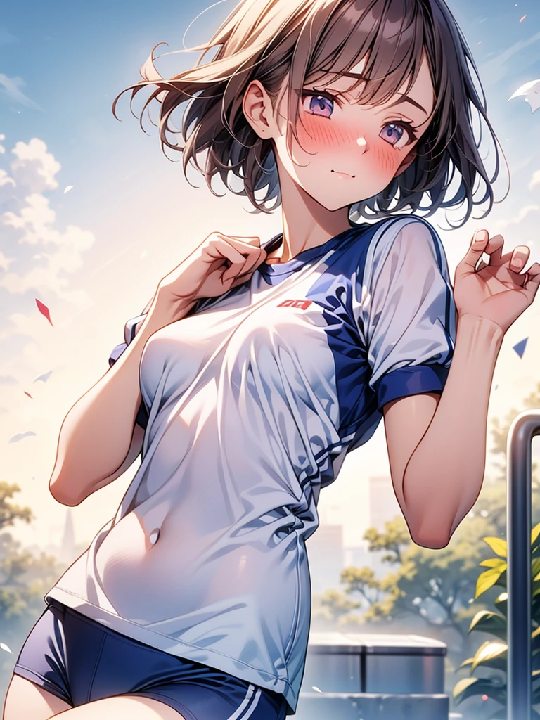 1girl, medium breasts,White gym clothes,navy blue bloomers,blush, nose blush, embarrassed, from side,
best quality,medium quality, turning your gaze , face forward,cover your chest with your hands