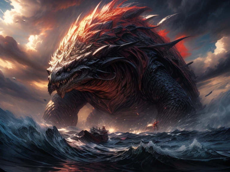 (In the black ocean, a small medieval boat, ship), ( behind it, many sharp itching appear from the sea thick mouths on the long necks of a big creature) (scales) (many eyes, trypophobia) ,  ( long thick tail  ) ,  ( behind them is a huge colossus creature ,  with the outstretched mouth of fish with fins on the head , Huge mouth,  a huge body stretching from water to clouds ) ( in the style of Elden Ring , NR . Lovecraft ), ( against the background of the raging ocean , clouds,  black reefs , rocks) (water is raging ) (вода разбивается о rocks), (glowing light),   ray tracing  , (reflected light),  slippery textured skin .